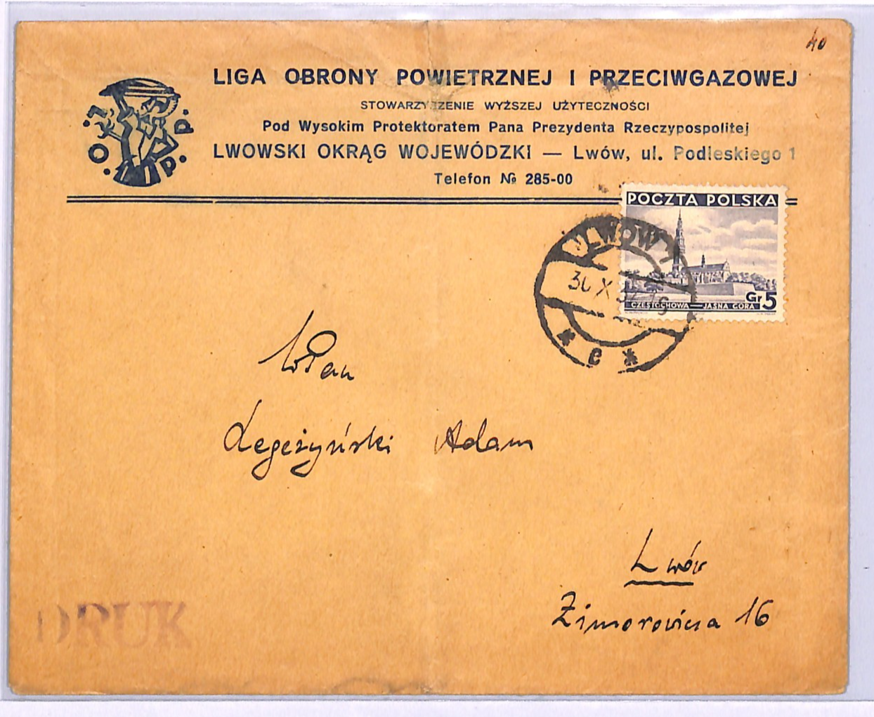 POLAND Cover AIR DEFENCE FUND *LOPP* 1937 Lwów Local (Now Ukraine) WB6 - Image 3