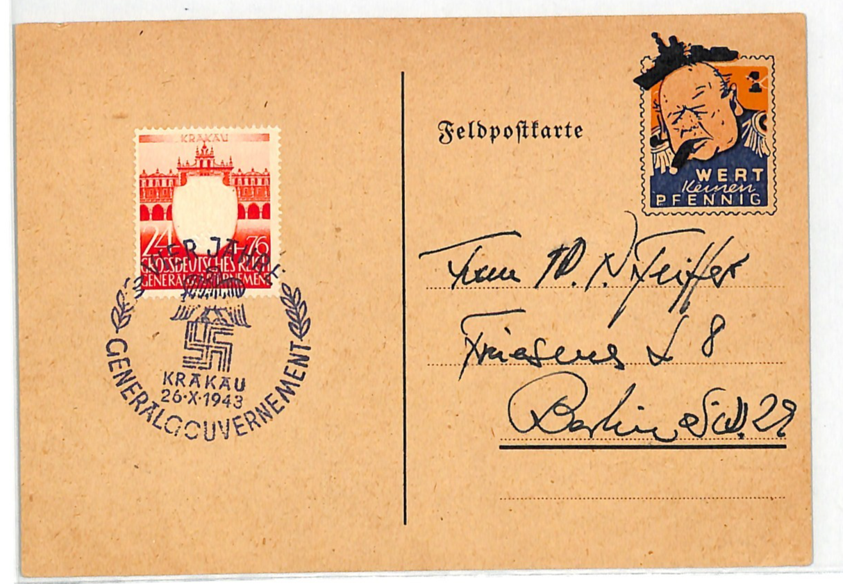 POLAND GERMANY OCC WW2 PROPAGANDA Card *CHURCHILL* CARICATURE Used 1943 WV185 - Image 2