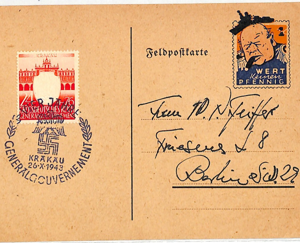 POLAND GERMANY OCC WW2 PROPAGANDA Card *CHURCHILL* CARICATURE Used 1943 WV185
