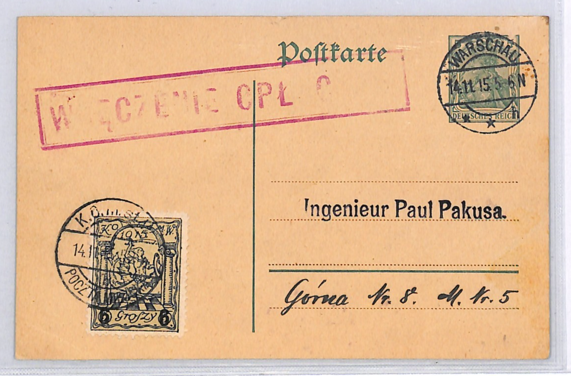 POLAND Germany Card *WARSAW LOCAL* Surcharge 1915 MIXED FRANKING Stationery WK92 - Image 4