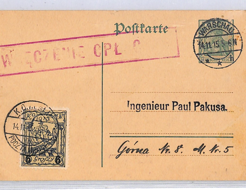 POLAND Germany Card *WARSAW LOCAL* Surcharge 1915 MIXED FRANKING Stationery WK92 - Image 8