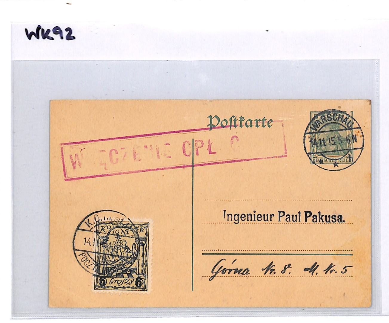 POLAND Germany Card *WARSAW LOCAL* Surcharge 1915 MIXED FRANKING Stationery WK92 - Image 9