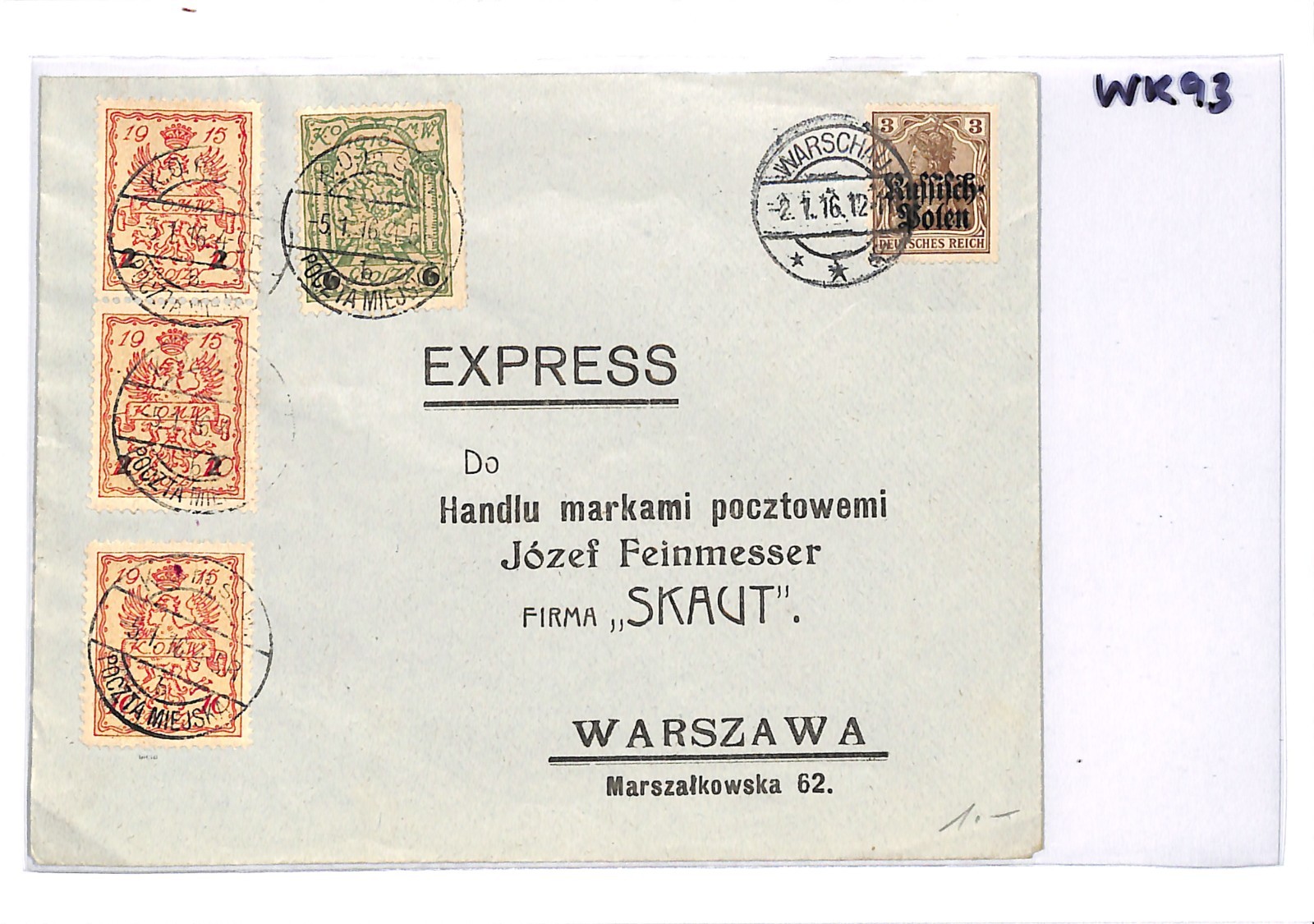 POLAND Germany Occ WW1 WARSAW LOCAL Cover *EXPRESS* 1916 MIXED FRANKING WK93 - Image 6