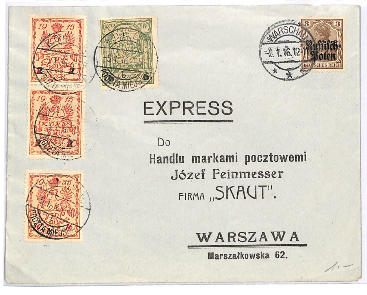 POLAND Germany Occ WW1 WARSAW LOCAL Cover *EXPRESS* 1916 MIXED FRANKING WK93
