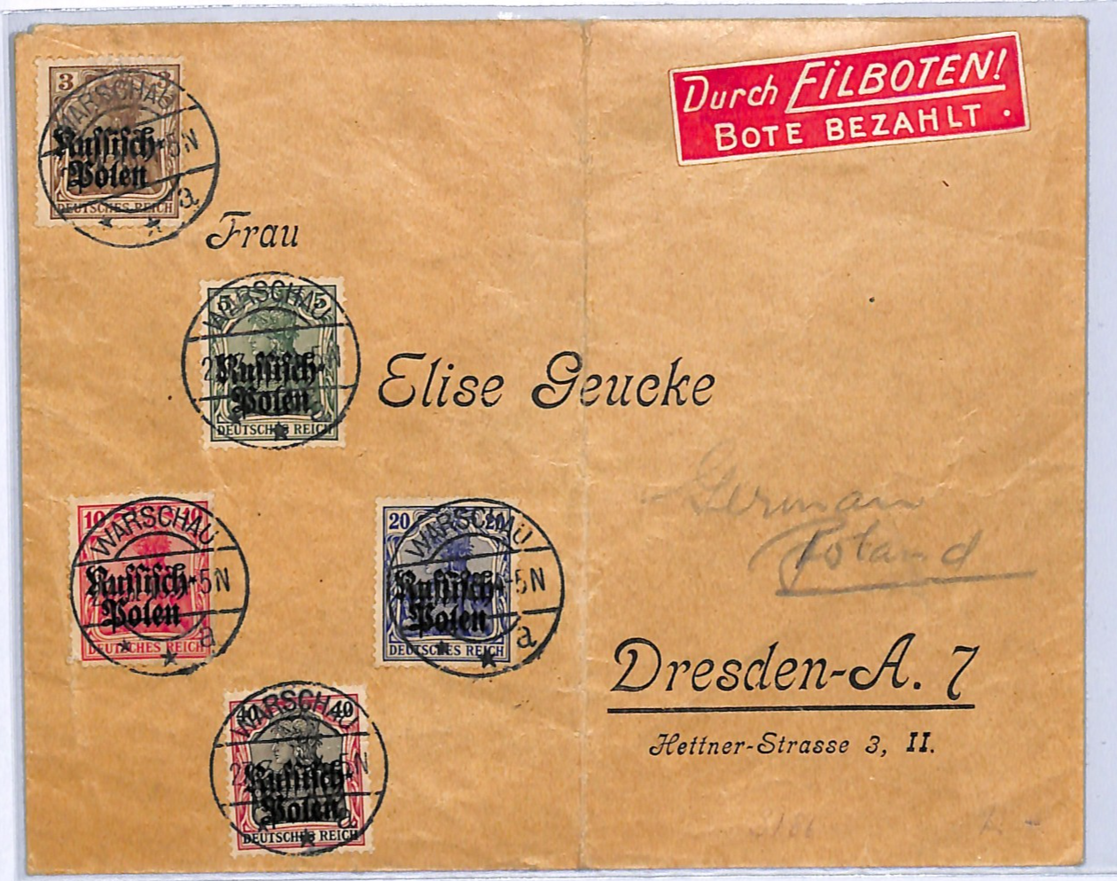 POLAND WW1 Germany Occupation Cover Warsaw GERMANIA Ovpt Dresden 1915?? WG20 - Image 4