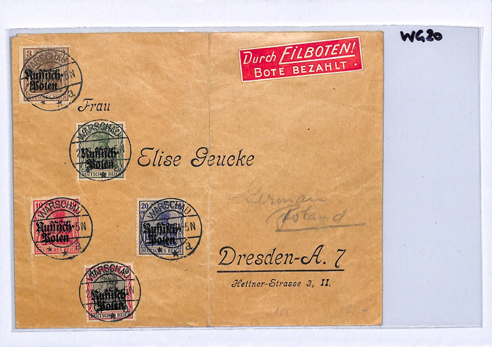 POLAND WW1 Germany Occupation Cover Warsaw GERMANIA Ovpt Dresden 1915?? WG20 - Image 6