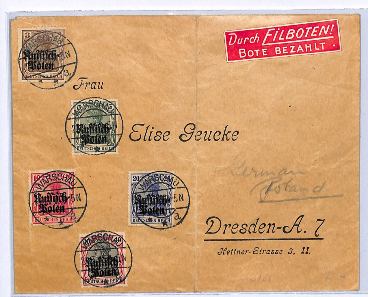 POLAND WW1 Germany Occupation Cover Warsaw GERMANIA Ovpt Dresden 1915?? WG20