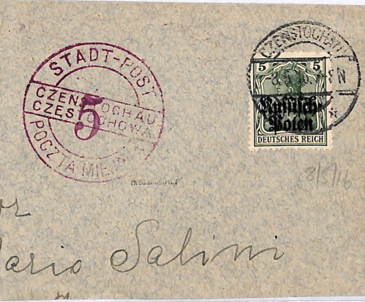POLAND WW1 Local *CZĘSTOCHOWA* STADT-POST 5gr Large Part Cover Germany Occ WK103