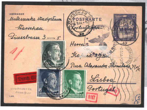 POLAND WW2 GERMANY Card Warsaw PORTUGAL Lisbon *Undercover Address* 1944 MC252 - Image 3