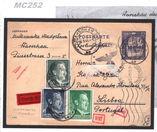 POLAND WW2 GERMANY Card Warsaw PORTUGAL Lisbon *Undercover Address* 1944 MC252 - Image 5