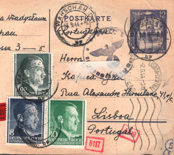 POLAND WW2 GERMANY Card Warsaw PORTUGAL Lisbon *Undercover Address* 1944 MC252