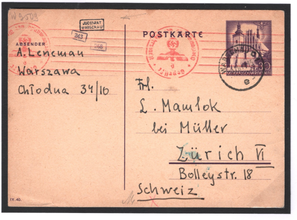 POLAND WW2 WARSAW GHETTO Card *JUDENRAT WARSCHAU* Cachet 1941 Zurich JEW MC248 - Image 4