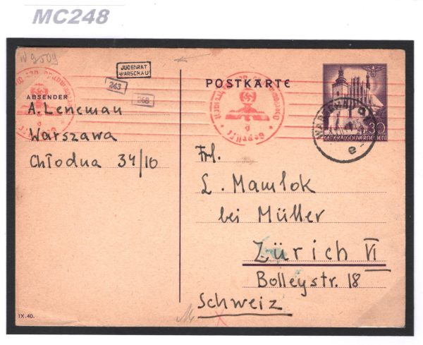 POLAND WW2 WARSAW GHETTO Card *JUDENRAT WARSCHAU* Cachet 1941 Zurich JEW MC248 - Image 6