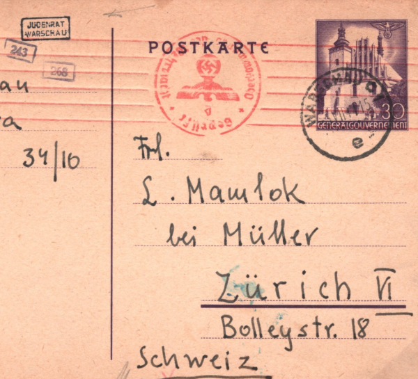 POLAND WW2 WARSAW GHETTO Card *JUDENRAT WARSCHAU* Cachet 1941 Zurich JEW MC248