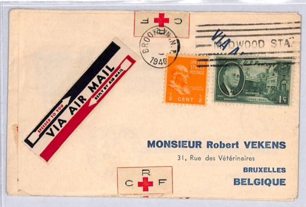 RED CROSS USA Cover CRF French *CRASH LABEL* Air Mail 1946 Belgium YF306 - Image 4