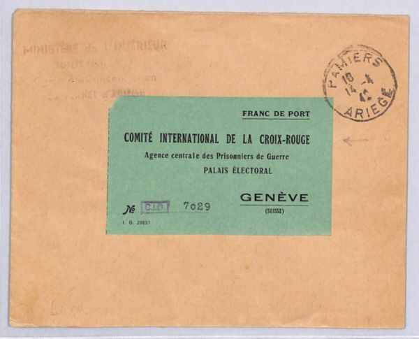 RED CROSS WW2 Cover *POW AGENCY FREE POST  LABEL* Pamiers 1942 CDS Geneva YF312 - Image 3
