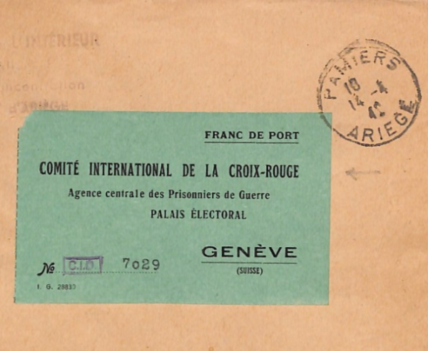 RED CROSS WW2 Cover *POW AGENCY FREE POST  LABEL* Pamiers 1942 CDS Geneva YF312 - Image 7