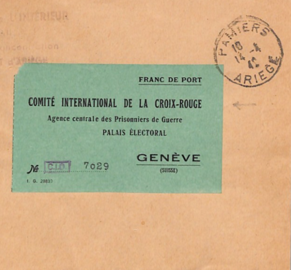 RED CROSS WW2 Cover *POW AGENCY FREE POST  LABEL* Pamiers 1942 CDS Geneva YF312