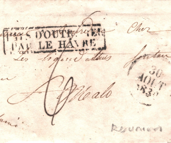 REUNION France Cols Maritime Cover *St Denis* SHIP LETTER LE HAVRE St Malo XG94