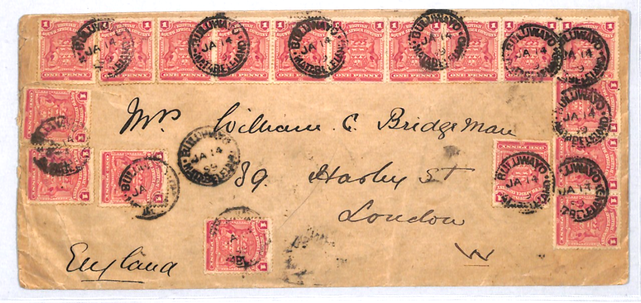 RHODESIA BSACo QV Cover Bulawayo 1899 1d *{18}* STRIPS 1s/6d Rate London ZM6