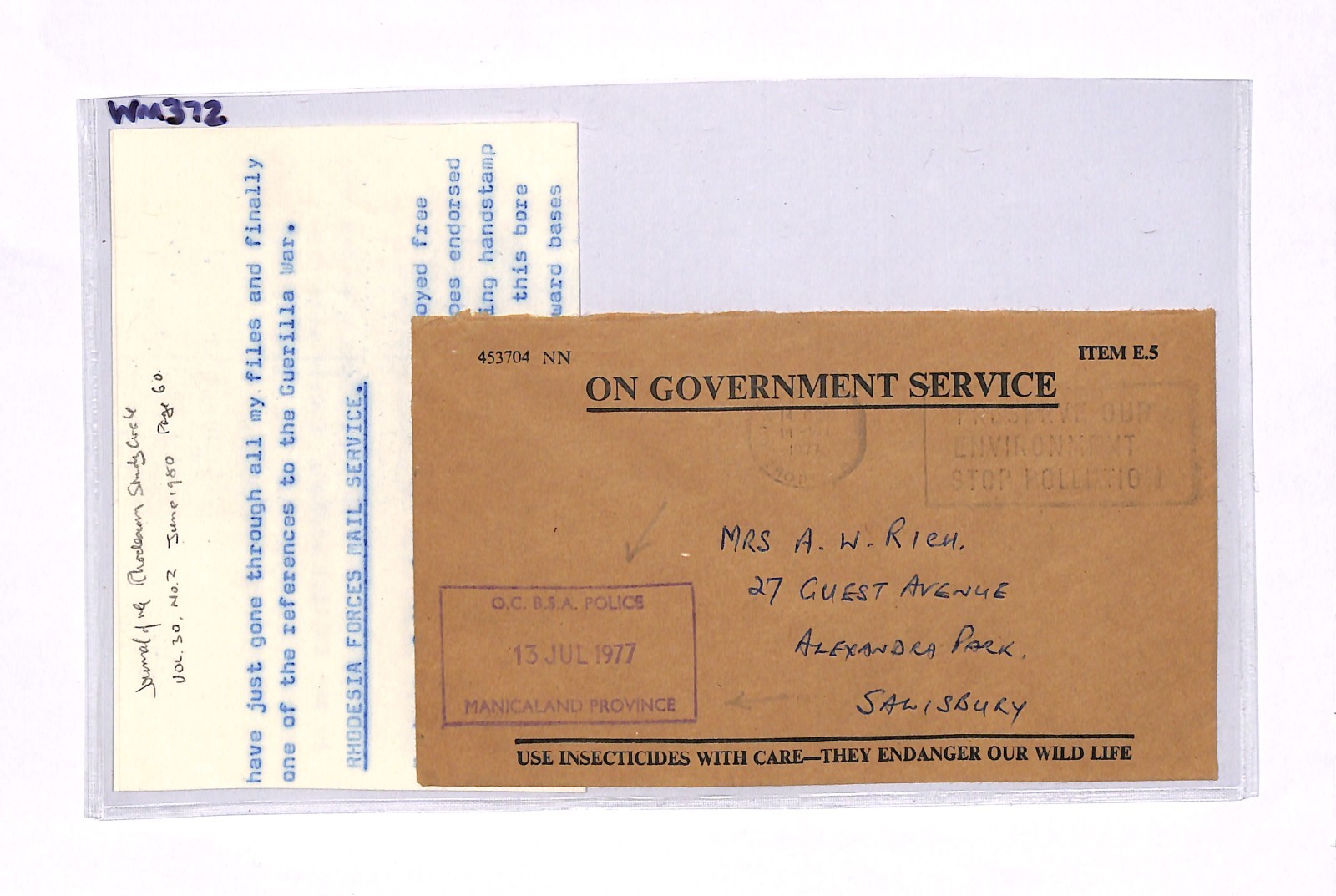 RHODESIA Cover 1977 GUERILLA WAR Official *BSAP POLICE* MANICALAND Dated WM372 - Image 8