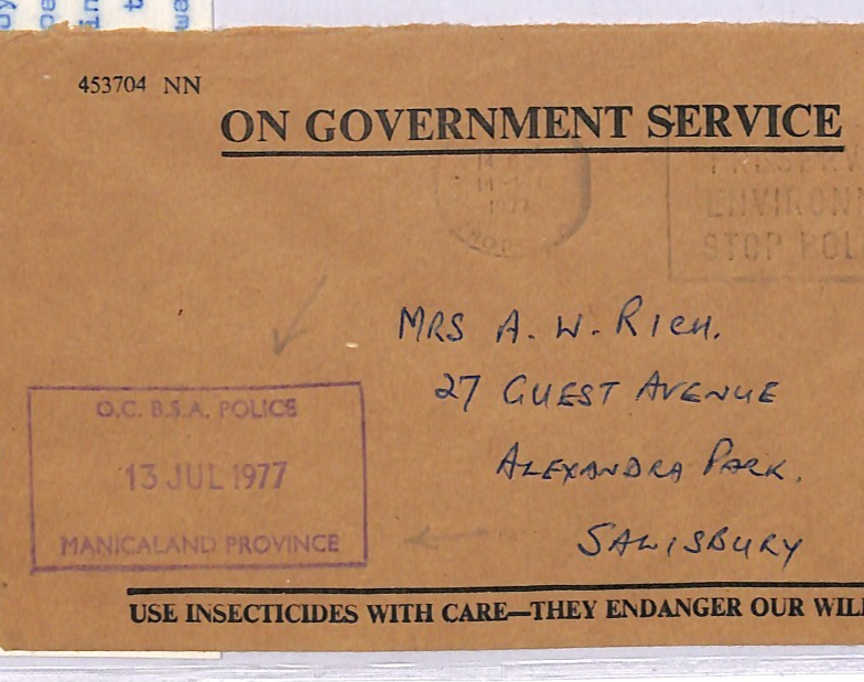 RHODESIA Cover 1977 GUERILLA WAR Official *BSAP POLICE* MANICALAND Dated WM372