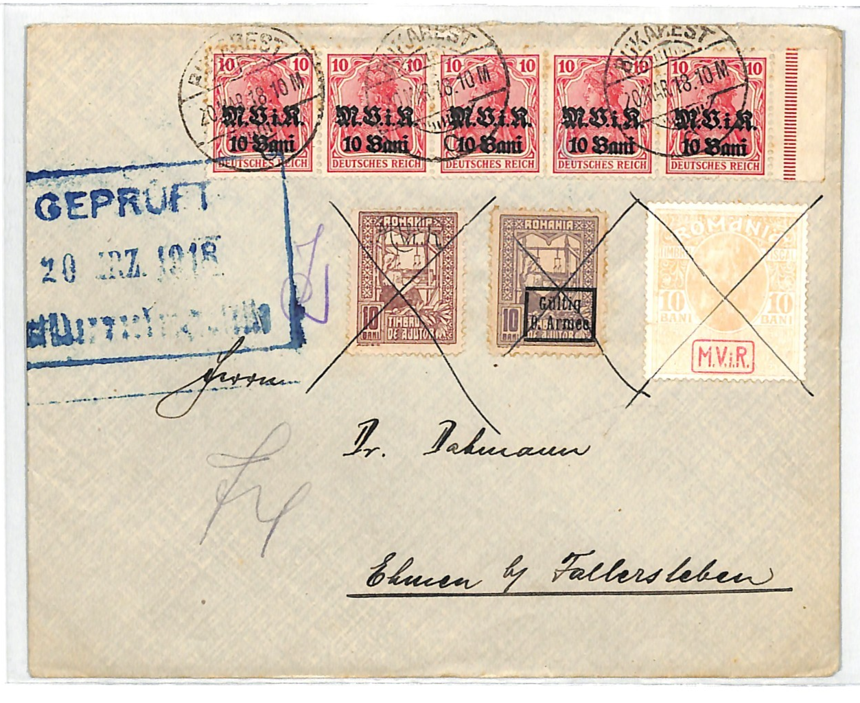 ROMANIA Cover WW1 GERMANY OCC Mixed Franking *MViR* 1918 Postal Tax Stamps{3}WV1 - Image 2