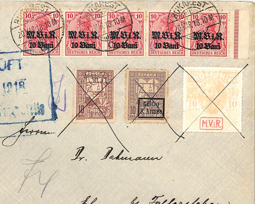 ROMANIA Cover WW1 GERMANY OCC Mixed Franking *MViR* 1918 Postal Tax Stamps{3}WV1