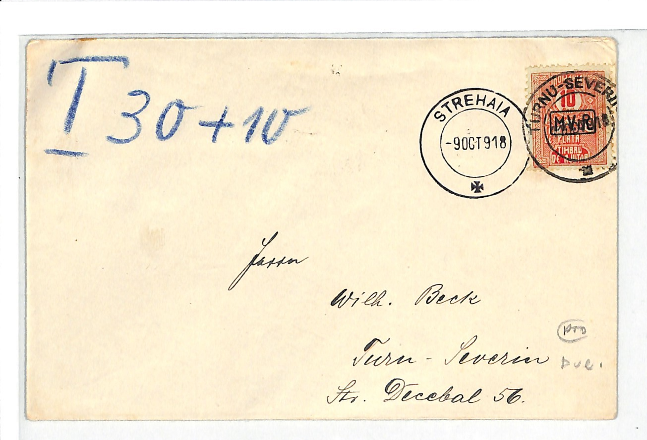 ROMANIA Cover WW1 Germany Occ MViR 30b *POSTAGE DUE* Severin 1918 Strehaia WV23 - Image 2