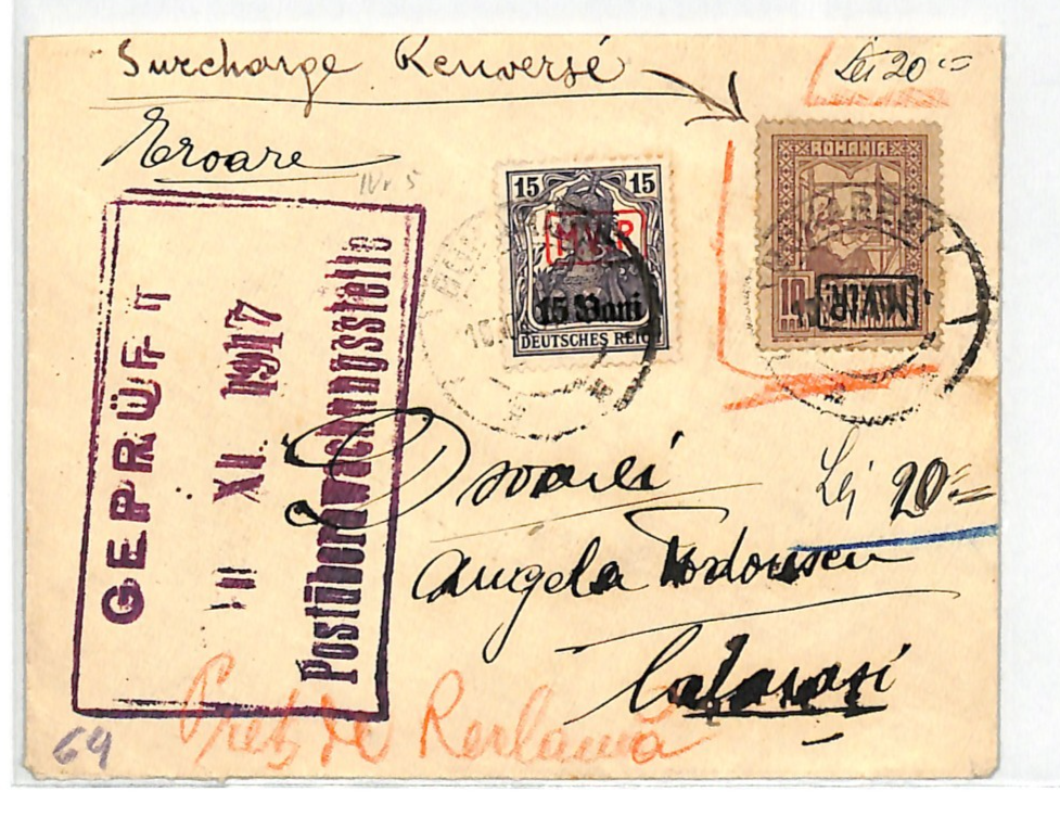 ROMANIA WW1 Cover GERMANY OCC MViR Error *INVERTED OVERPRINT* 1917 Bucharest WV5