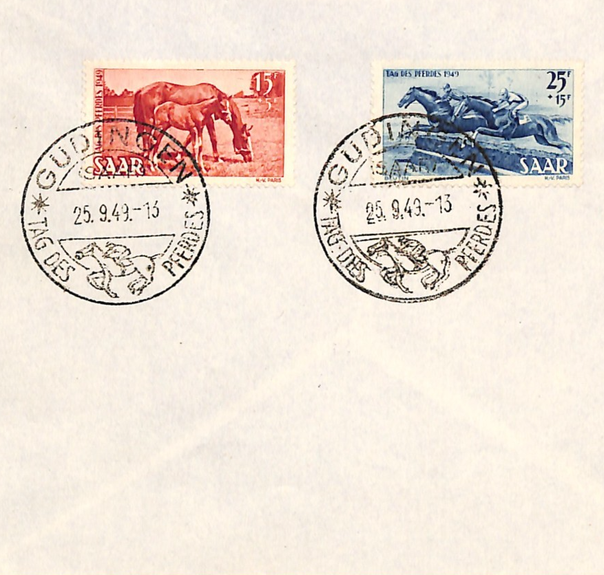 SAAR 1949 FDC *HORSE DAY* Set Güdingen First Day Cover Germany {samwells}XM98