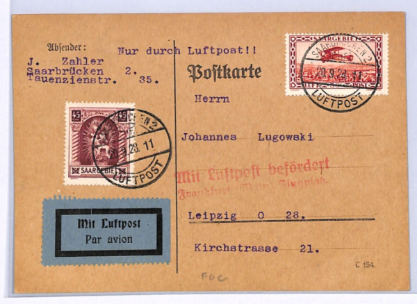 SAAR Air Mail 50c AEROPLANE New Issue 1928 Card Saarbrucken-Dresden XF294