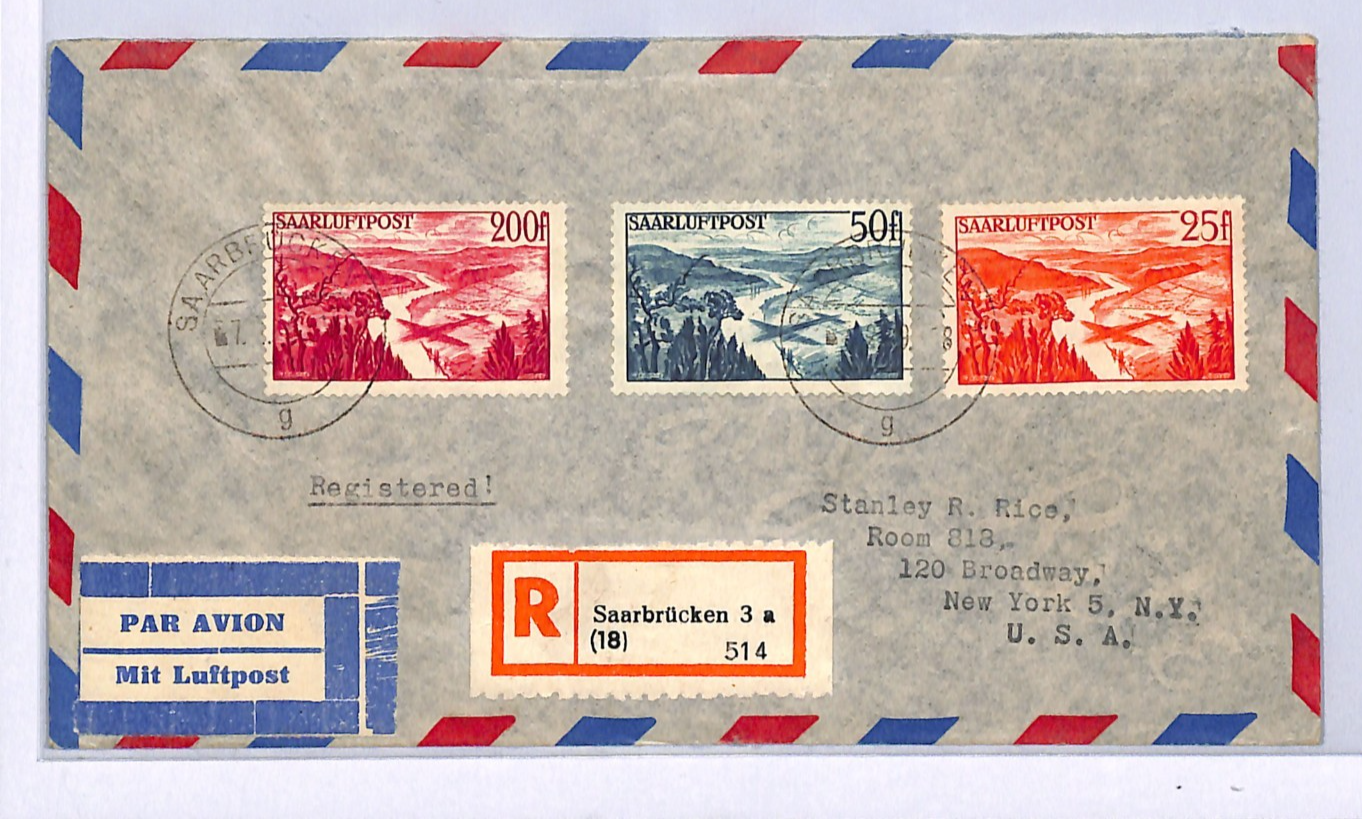 SAAR Air Mail Cover Saarbrücken Registered 200F USA New York 1949 Germany XM96 - Image 3
