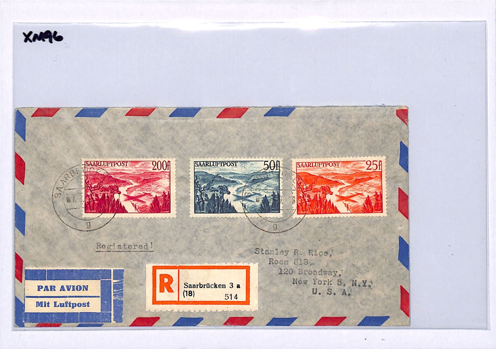 SAAR Air Mail Cover Saarbrücken Registered 200F USA New York 1949 Germany XM96 - Image 5