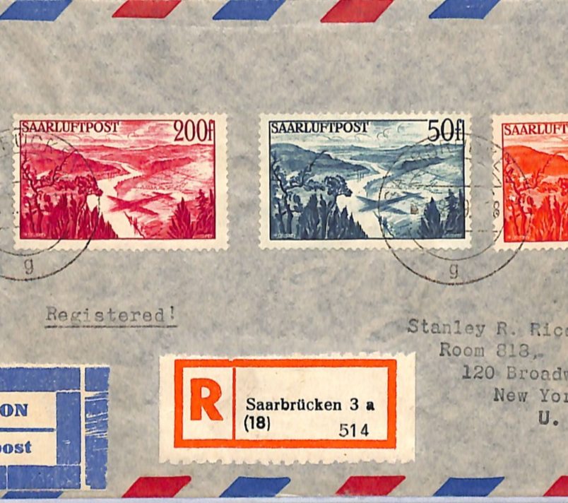 SAAR Air Mail Cover Saarbrücken Registered 200F USA New York 1949 Germany XM96