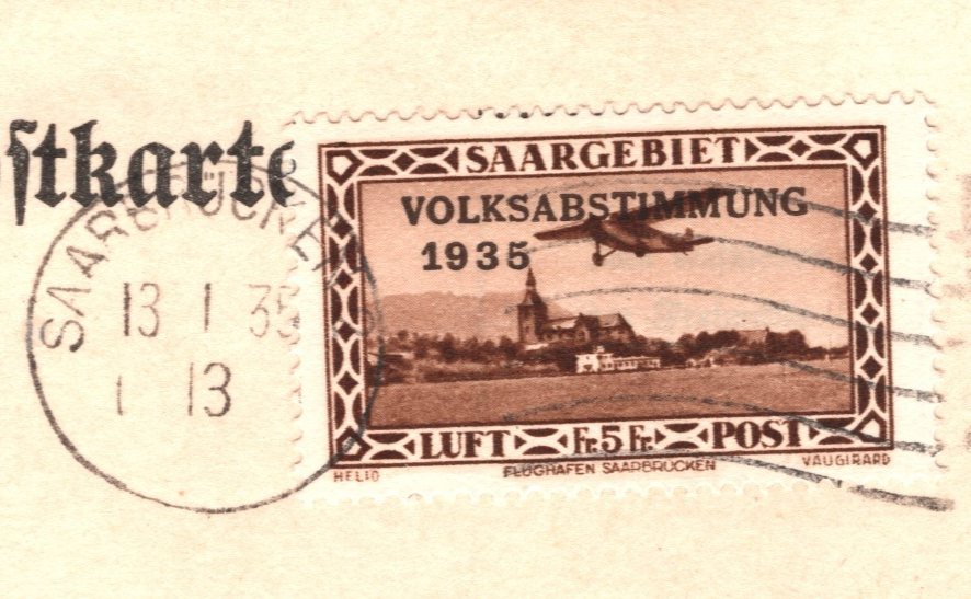 SAAR Card VOLKSABSTIMMUNG Overprint 1935 5F High Value SAARGEBIET XM82