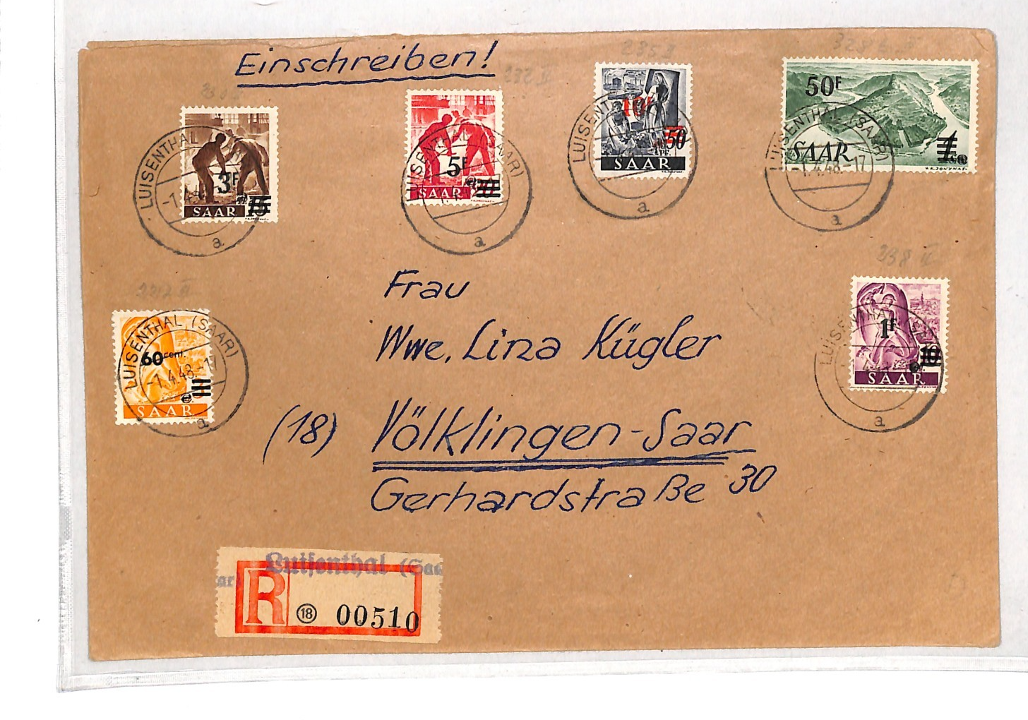 SAAR Cover 50F/1M High Value 1947 *SURCHARGES*{6} Luisenthal Reg 1948 XM112 - Image 3