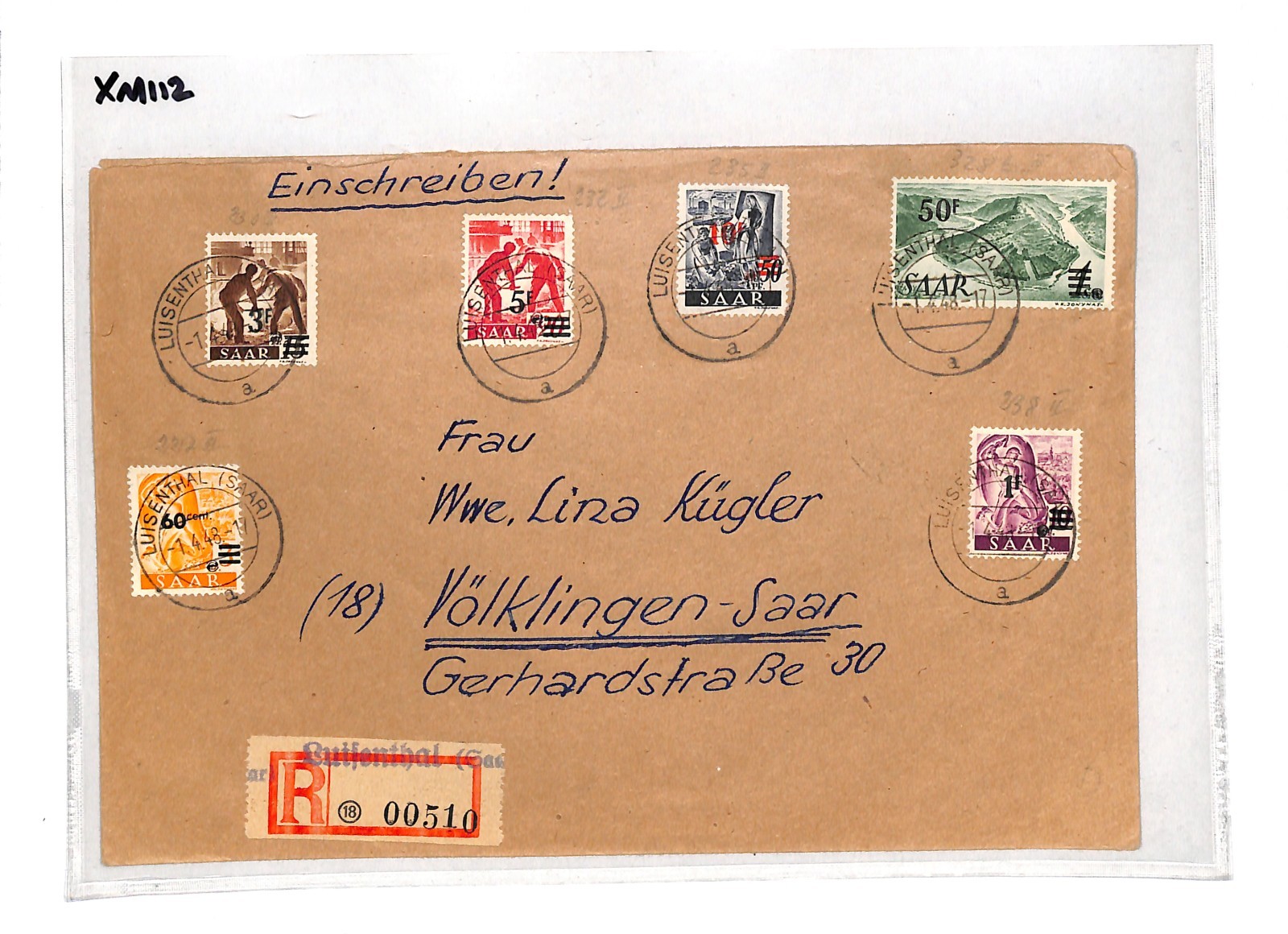 SAAR Cover 50F/1M High Value 1947 *SURCHARGES*{6} Luisenthal Reg 1948 XM112 - Image 6