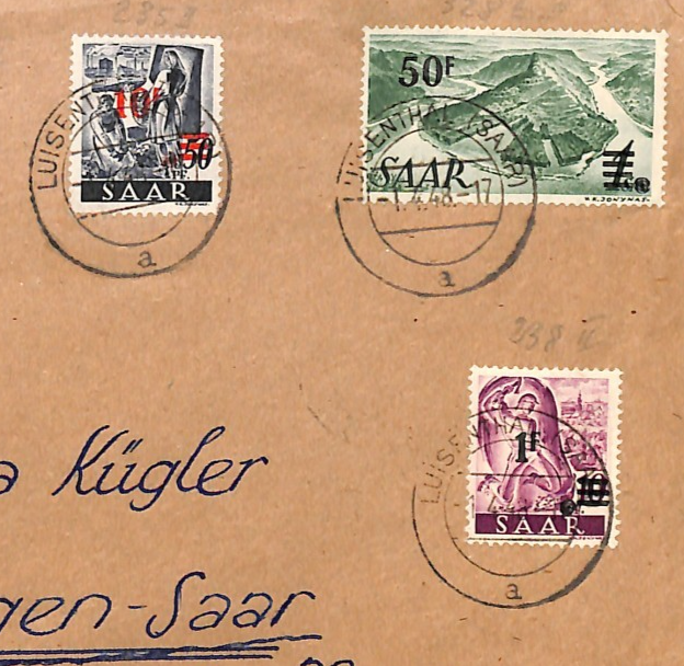 SAAR Cover 50F/1M High Value 1947 *SURCHARGES*{6} Luisenthal Reg 1948 XM112