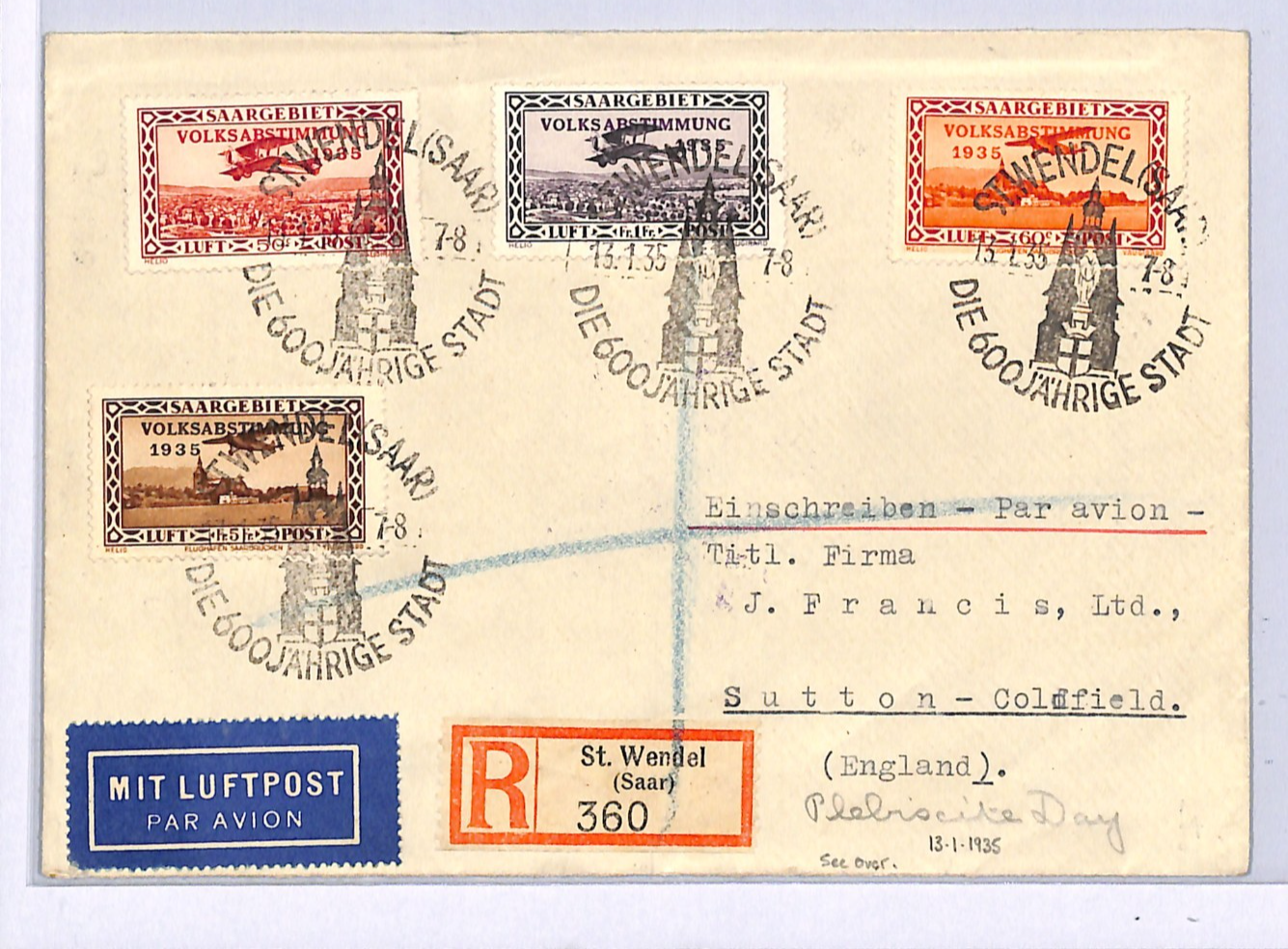 SAAR Cover VOLKSABSTIMMUNG O/p *St WENDEL* 600 YEAR 1935 CDS 5F High Value XM78 - Image 5