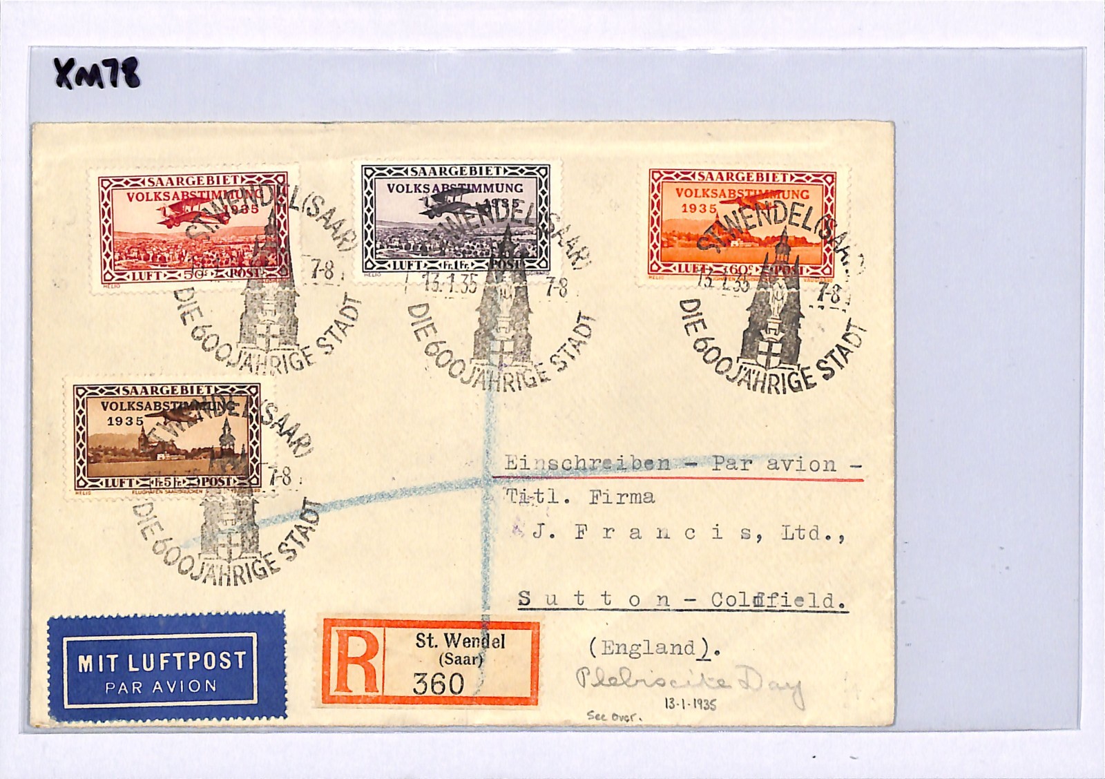 SAAR Cover VOLKSABSTIMMUNG O/p *St WENDEL* 600 YEAR 1935 CDS 5F High Value XM78 - Image 7