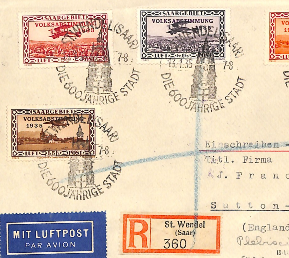 SAAR Cover VOLKSABSTIMMUNG O/p *St WENDEL* 600 YEAR 1935 CDS 5F High Value XM78