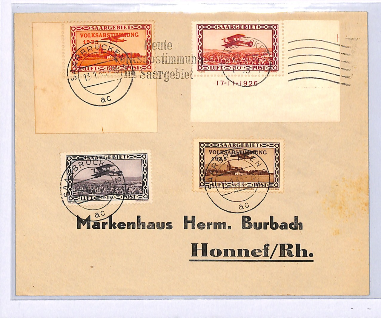 SAAR Cover VOLKSABSTIMMUNG Overprints Saarbrücken 1935 5F 1F High Values XM75 - Image 3