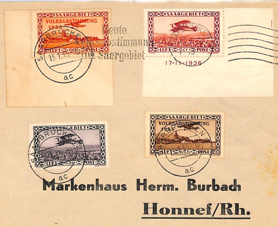 SAAR Cover VOLKSABSTIMMUNG Overprints Saarbrücken 1935 5F 1F High Values XM75