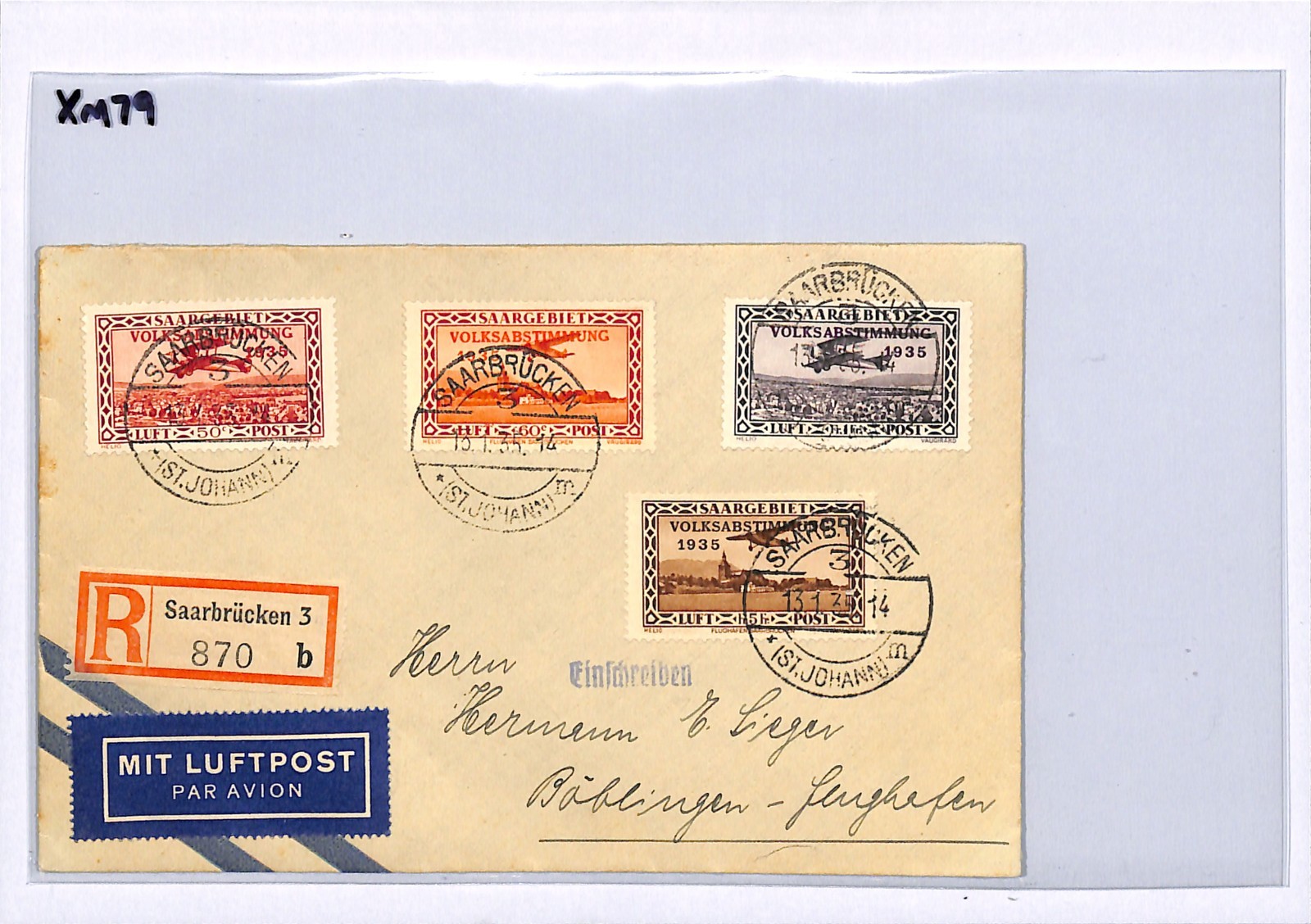 SAAR Cover VOLKSABSTIMMUNG Overprints Saarbrücken 1935 5F 1F High Values XM79 - Image 5