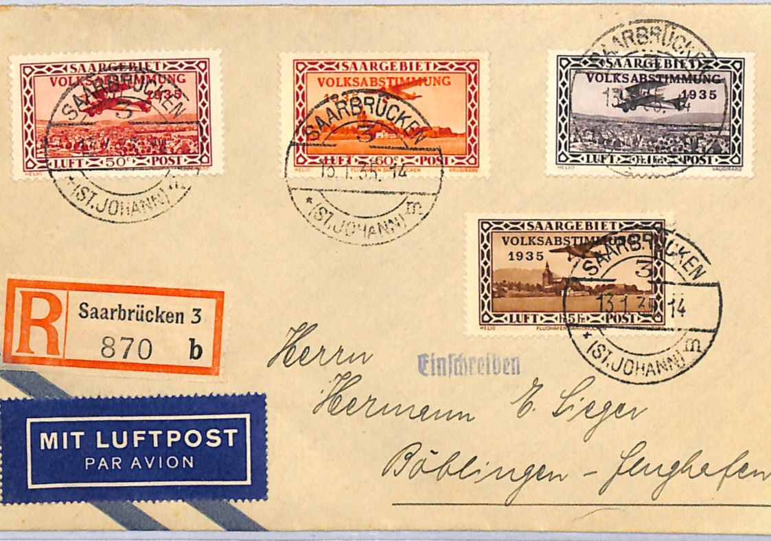 SAAR Cover VOLKSABSTIMMUNG Overprints Saarbrücken 1935 5F 1F High Values XM79