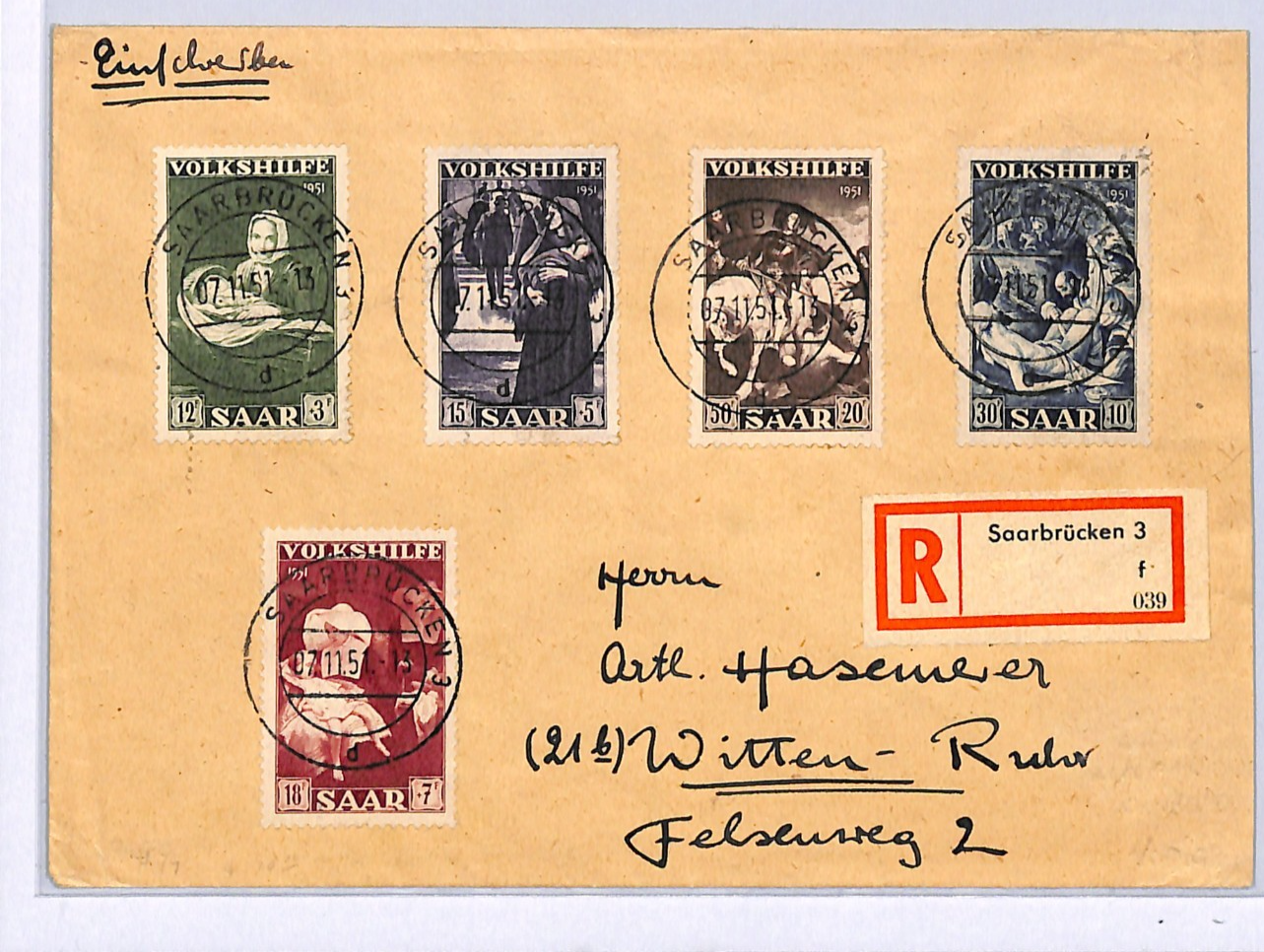 SAAR Cover *VOLKSHILFE* 1951 Registered Set{5} Used Saarbrücken {samwells}XM60 - Image 4