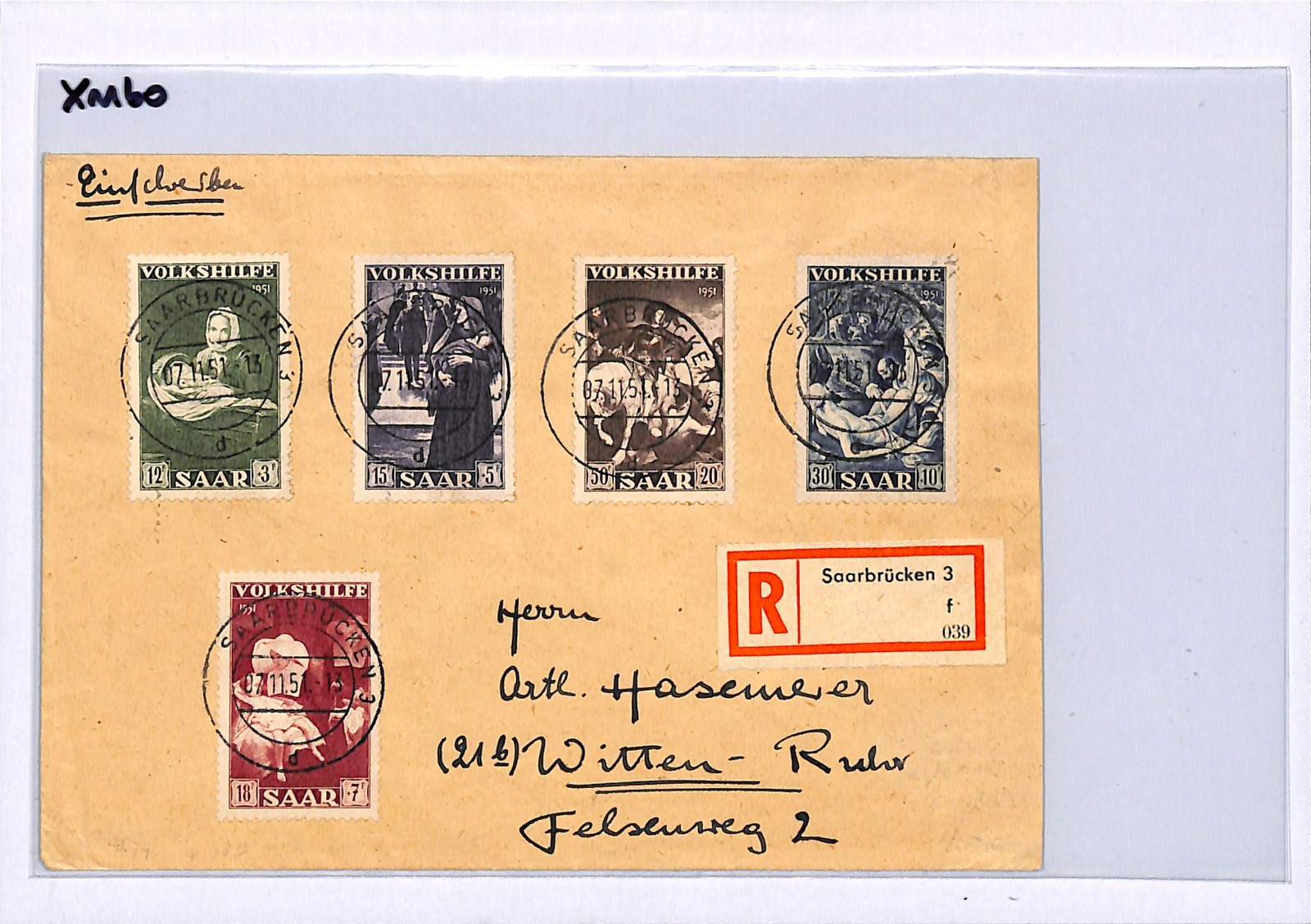 SAAR Cover *VOLKSHILFE* 1951 Registered Set{5} Used Saarbrücken {samwells}XM60 - Image 6