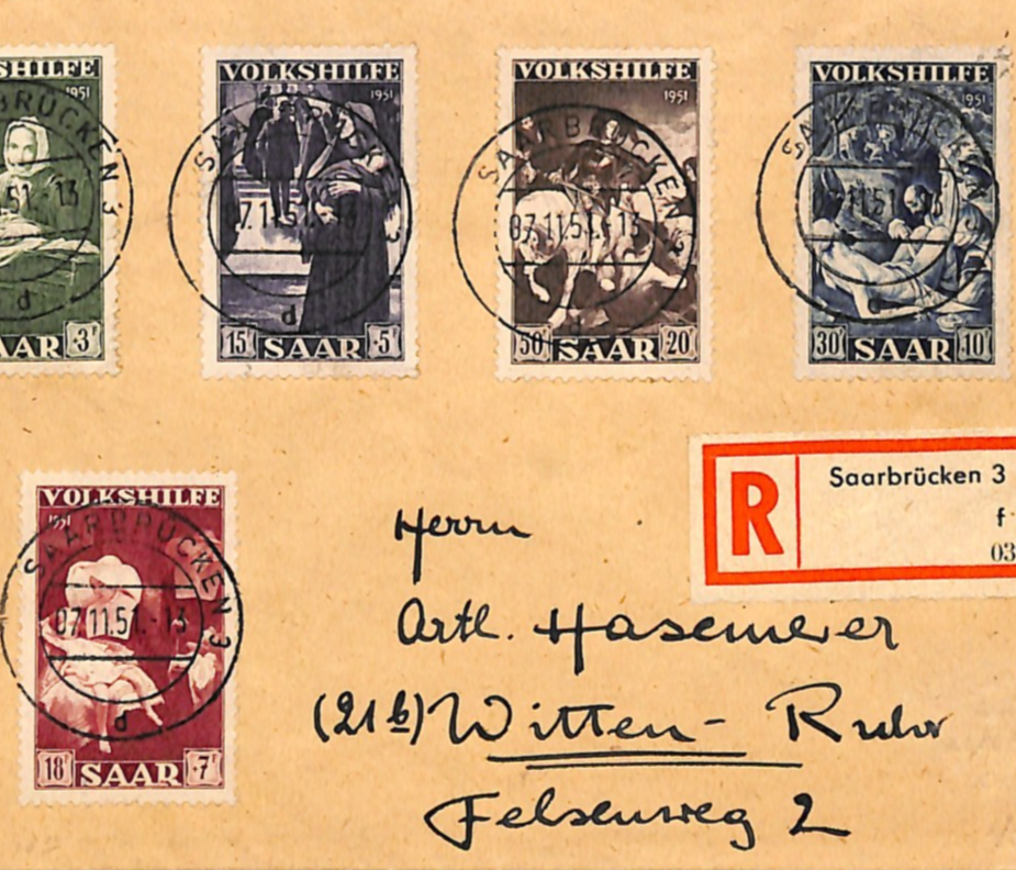 SAAR Cover *VOLKSHILFE* 1951 Registered Set{5} Used Saarbrücken {samwells}XM60