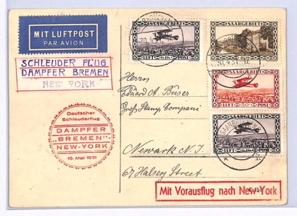 SAAR Germany *CATAPULT* AIR MAIL Card 1931 Transatlantic SHIP Bremen-USA XF296 - Image 3